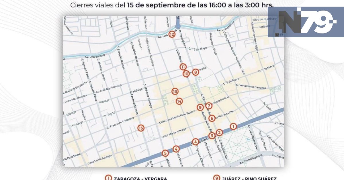 Cierres viales en Querétaro este 15 de septiembre