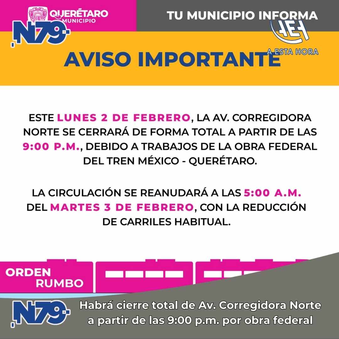 Habrá cierre total de Av. Corregidora Norte a partir de las 900 p.m. por obra federal